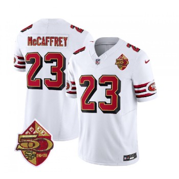 Men's San Francisco 49ers #23 Christian McCaffrey White 2023 F.U.S.E. 50th Patch Vapor Untouchable Limited Stitched Football Jersey Men's San Francisco 49ers #23 Christian McCaffrey White 2023 F.U.S.E. 50th Patch Vapor Untouchable Limited Stitched Football Jersey