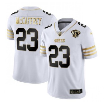 Men's San Francisco 49ers #23 Christian McCaffrey White Gold With 75th Patch Stitched Jersey Men's San Francisco 49ers #23 Christian McCaffrey White Gold With 75th Patch Stitched Jersey