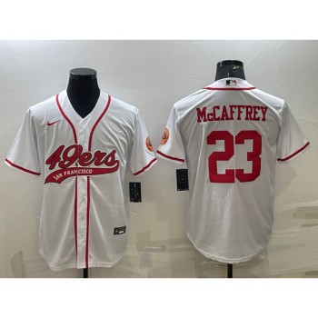 Men's San Francisco 49ers #23 Christian McCaffrey White With Patch Cool Base Stitched Baseball Jersey Men's San Francisco 49ers #23 Christian McCaffrey White With Patch Cool Base Stitched Baseball Jersey