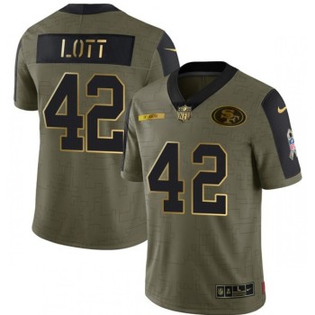 Men's San Francisco 49ers #42 Ronnie Lott 2021 Olive Salute To Service Golden Limited Stitched Jersey Men's San Francisco 49ers #42 Ronnie Lott 2021 Olive Salute To Service Golden Limited Stitched Jersey