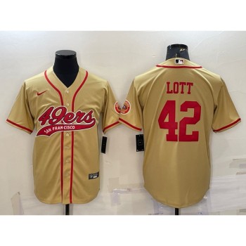 Men's San Francisco 49ers #42 Ronnie Lott Gold With Patch Cool Base Stitched Baseball Jersey Men's San Francisco 49ers #42 Ronnie Lott Gold With Patch Cool Base Stitched Baseball Jersey