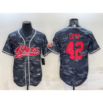 Men's San Francisco 49ers #42 Ronnie Lott Grey Red Camo With Patch Cool Base Stitched Baseball Jersey Men's San Francisco 49ers #42 Ronnie Lott Grey Red Camo With Patch Cool Base Stitched Baseball Jersey