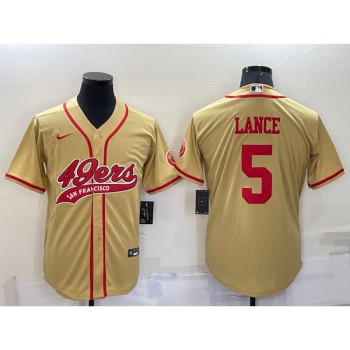 Men's San Francisco 49ers #5 Trey Lance Gold Cool Base Stitched Baseball Jersey Men's San Francisco 49ers #5 Trey Lance Gold Cool Base Stitched Baseball Jersey