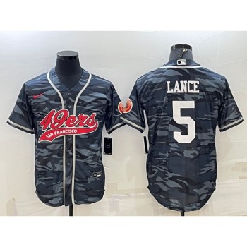 Men's San Francisco 49ers #5 Trey Lance Grey Camo With Patch Cool Base Stitched Baseball Jersey Men's San Francisco 49ers #5 Trey Lance Grey Camo With Patch Cool Base Stitched Baseball Jersey