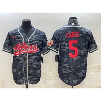 Men's San Francisco 49ers #5 Trey Lance Grey Red Camo With Patch Cool Base Stitched Baseball Jersey Men's San Francisco 49ers #5 Trey Lance Grey Red Camo With Patch Cool Base Stitched Baseball Jersey