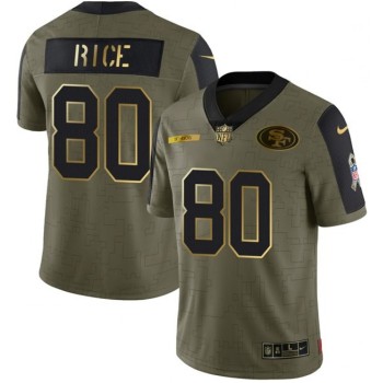 Men's San Francisco 49ers #80 Jerry Rice 2021 Olive Camo Salute To Service Golden Limited Stitched Jersey Men's San Francisco 49ers #80 Jerry Rice 2021 Olive Camo Salute To Service Golden Limited Stitched Jersey