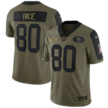 Men's San Francisco 49ers #80 Jerry Rice 2021 Olive Salute To Service Limited Stitched Jersey Men's San Francisco 49ers #80 Jerry Rice 2021 Olive Salute To Service Limited Stitched Jersey