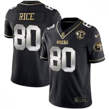 Men's San Francisco 49ers #80 Jerry Rice Black Gold Edition With 75th Anniversary Patch Stitched Jersey Men's San Francisco 49ers #80 Jerry Rice Black Gold Edition With 75th Anniversary Patch Stitched Jersey