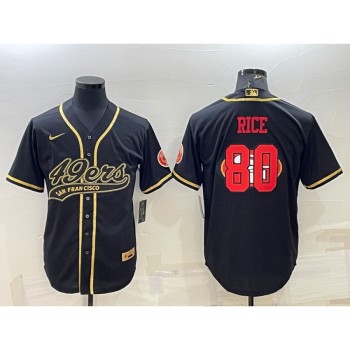 Men's San Francisco 49ers #80 Jerry Rice Black Gold Team Big Logo With Patch Cool Base Stitched Baseball Jersey Men's San Francisco 49ers #80 Jerry Rice Black Gold Team Big Logo With Patch Cool Base Stitched Baseball Jersey