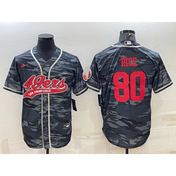 Men's San Francisco 49ers #80 Jerry Rice Grey Red Camo With Patch Cool Base Stitched Baseball Jersey Men's San Francisco 49ers #80 Jerry Rice Grey Red Camo With Patch Cool Base Stitched Baseball Jersey
