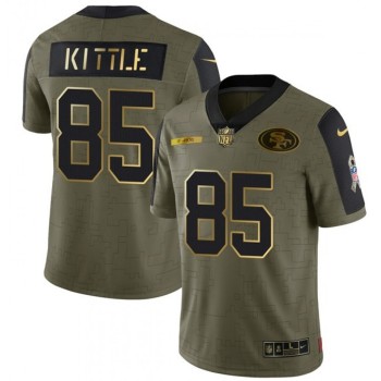 Men's San Francisco 49ers #85 George Kittle 2021 Olive Camo Salute To Service Golden Limited Stitched Jersey Men's San Francisco 49ers #85 George Kittle 2021 Olive Camo Salute To Service Golden Limited Stitched Jersey