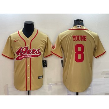 Men's San Francisco 49ers #8 Steve Young Gold With Patch Cool Base Stitched Baseball Jersey Men's San Francisco 49ers #8 Steve Young Gold With Patch Cool Base Stitched Baseball Jersey