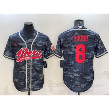 Men's San Francisco 49ers #8 Steve Young Grey Red Camo With Patch Cool Base Stitched Baseball Jersey Men's San Francisco 49ers #8 Steve Young Grey Red Camo With Patch Cool Base Stitched Baseball Jersey