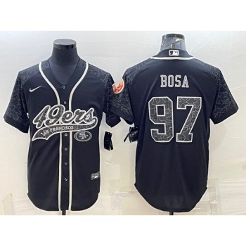 Men's San Francisco 49ers #97 Nick Bosa Black Reflective With Patch Cool Base Stitched Baseball Jersey Men's San Francisco 49ers #97 Nick Bosa Black Reflective With Patch Cool Base Stitched Baseball Jersey