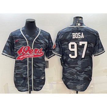 Men's San Francisco 49ers #97 Nick Bosa Grey Camo With Patch Cool Base Stitched Baseball Jersey Men's San Francisco 49ers #97 Nick Bosa Grey Camo With Patch Cool Base Stitched Baseball Jersey
