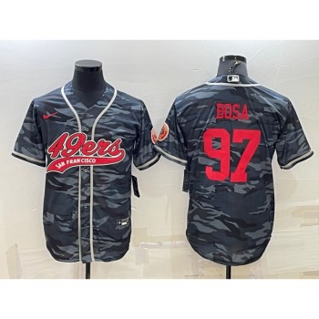 Men's San Francisco 49ers #97 Nick Bosa Grey Red Camo With Patch Cool Base Stitched Baseball Jersey Men's San Francisco 49ers #97 Nick Bosa Grey Red Camo With Patch Cool Base Stitched Baseball Jersey