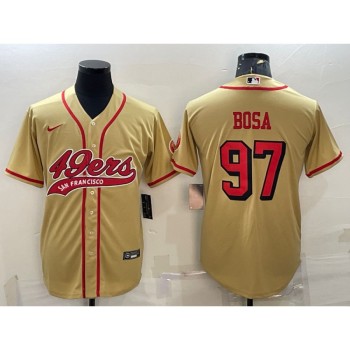 Men's San Francisco 49ers #97 Nick Bosa New Gold With Patch Cool Base Stitched Baseball Jersey Men's San Francisco 49ers #97 Nick Bosa New Gold With Patch Cool Base Stitched Baseball Jersey
