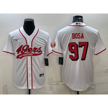 Men's San Francisco 49ers #97 Nick Bosa New White With Patch Cool Base Stitched Baseball Jersey Men's San Francisco 49ers #97 Nick Bosa New White With Patch Cool Base Stitched Baseball Jersey