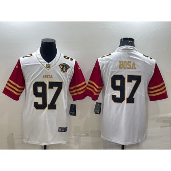 Men's San Francisco 49ers #97 Nick Bosa White Gold With 75th Anniversary Patch Stitched Jersey Men's San Francisco 49ers #97 Nick Bosa White Gold With 75th Anniversary Patch Stitched Jersey