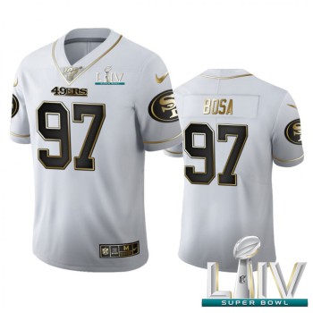 Men's San Francisco 49ers #97 Nick Bosa White With Super Bowl Patch 100th Season Golden Edition Limited Stitched Jersey Men's San Francisco 49ers #97 Nick Bosa White With Super Bowl Patch 100th Season Golden Edition Limited Stitched Jersey