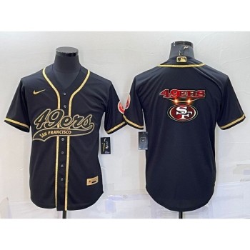 Men's San Francisco 49ers Black Gold Team Big Logo With Patch Cool Base Stitched Baseball Jersey Men's San Francisco 49ers Black Gold Team Big Logo With Patch Cool Base Stitched Baseball Jersey