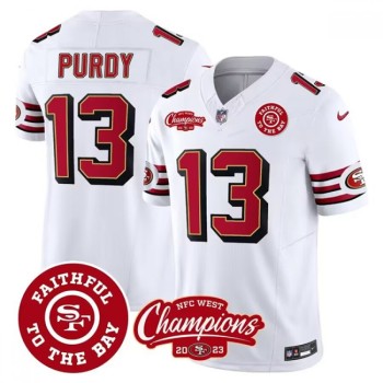 Men's San Francisco 49ers #13 Brock Purdy White 2023 F.U.S.E. Faithful To The Bay And NFC West Champions Patch Stitched Football Jersey Men's San Francisco 49ers #13 Brock Purdy White 2023 F.U.S.E. Faithful To The Bay And NFC West Champions Patch Stitched Football Jersey