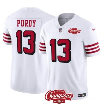 Men's San Francisco 49ers #13 Brock Purdy White 2023 F.U.S.E. NFC West Champions Patch Alternate Stitched Football Jersey Men's San Francisco 49ers #13 Brock Purdy White 2023 F.U.S.E. NFC West Champions Patch Alternate Stitched Football Jersey
