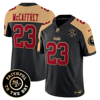 Men's San Francisco 49ers #23 Christian McCaffrey Black/Gold 2023 F.U.S.E. Faithful To The Bay Patch Stitched Jersey Men's San Francisco 49ers #23 Christian McCaffrey Black/Gold 2023 F.U.S.E. Faithful To The Bay Patch Stitched Jersey