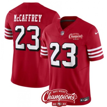 Men's San Francisco 49ers #23 Christian McCaffrey Red 2023 F.U.S.E. NFC West Champions Patch Alternate Stitched Football Jersey Men's San Francisco 49ers #23 Christian McCaffrey Red 2023 F.U.S.E. NFC West Champions Patch Alternate Stitched Football Jersey