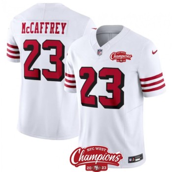 Men's San Francisco 49ers #23 Christian McCaffrey White 2023 F.U.S.E. NFC West Champions Patch Alternate Stitched Football Jersey Men's San Francisco 49ers #23 Christian McCaffrey White 2023 F.U.S.E. NFC West Champions Patch Alternate Stitched Football Jersey