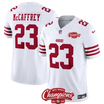 Men's San Francisco 49ers #23 Christian McCaffrey White 2023 F.U.S.E. NFC West Champions Patch Stitched Football Jersey Men's San Francisco 49ers #23 Christian McCaffrey White 2023 F.U.S.E. NFC West Champions Patch Stitched Football Jersey