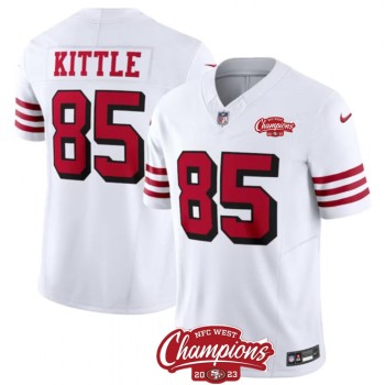 Men's San Francisco 49ers #85 George Kittle White 2023 F.U.S.E. NFC West Champions Patch Alternate Stitched Football Jersey Men's San Francisco 49ers #85 George Kittle White 2023 F.U.S.E. NFC West Champions Patch Alternate Stitched Football Jersey