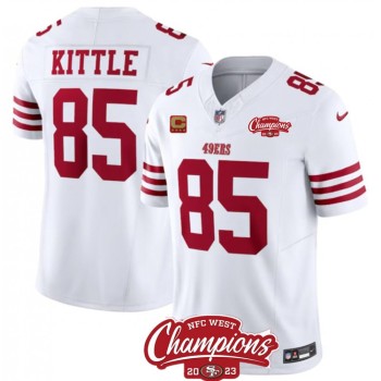 Men's San Francisco 49ers #85 George Kittle White 2023 F.U.S.E. With 4-star C Ptach And NFC West Champions Patch Stitched Football Jersey Men's San Francisco 49ers #85 George Kittle White 2023 F.U.S.E. With 4-star C Ptach And NFC West Champions Patch Stitched Football Jersey