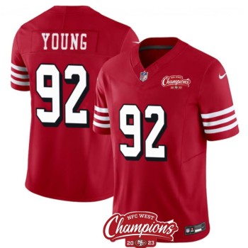 Men's San Francisco 49ers #92 Chase Young Red 2023 F.U.S.E. NFC West Champions Patch Alternate Stitched Football Jersey Men's San Francisco 49ers #92 Chase Young Red 2023 F.U.S.E. NFC West Champions Patch Alternate Stitched Football Jersey