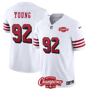 Men's San Francisco 49ers #92 Chase Young White 2023 F.U.S.E. NFC West Champions Patch Alternate Stitched Football Jersey Men's San Francisco 49ers #92 Chase Young White 2023 F.U.S.E. NFC West Champions Patch Alternate Stitched Football Jersey