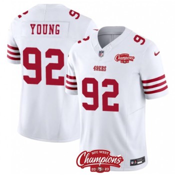 Men's San Francisco 49ers #92 Chase Young White 2023 F.U.S.E. NFC West Champions Patch Stitched Football Jersey Men's San Francisco 49ers #92 Chase Young White 2023 F.U.S.E. NFC West Champions Patch Stitched Football Jersey