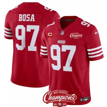 Men's San Francisco 49ers #97 Nick Bosa Red 2023 F.U.S.E. With 2-star C Patch And NFC West Champions Patch Stitched Football Jersey Men's San Francisco 49ers #97 Nick Bosa Red 2023 F.U.S.E. With 2-star C Patch And NFC West Champions Patch Stitched Football Jersey