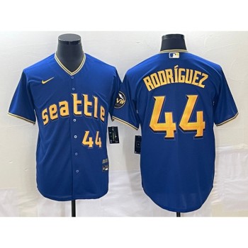 Men's Seattle Mariners #44 Julio Rodriguez Royal 2023 City Connect Cool Base With Patch Stitched Baseball Jersey Men's Seattle Mariners #44 Julio Rodriguez Royal 2023 City Connect Cool Base With Patch Stitched Baseball Jersey