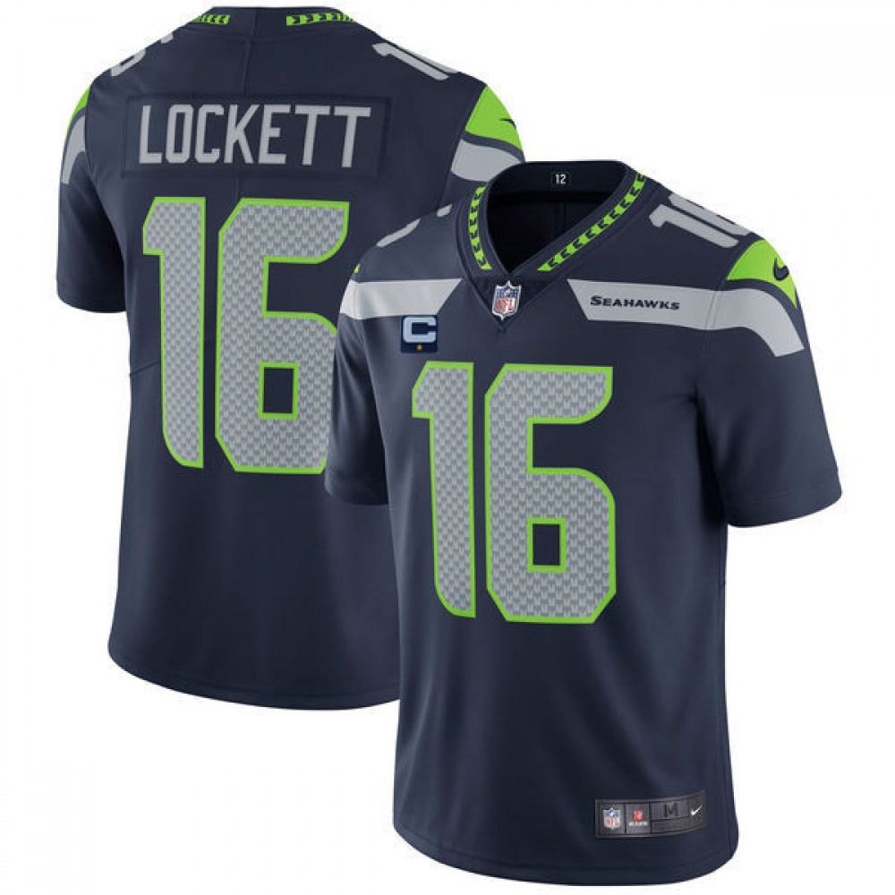 Men's Seattle Seahawks #16 Tyler Lockett White With 1-star C Patch Navy Vapor Untouchable Limited Stitched Jersey