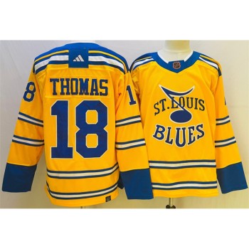Men's St. Louis Blues #18 Robert Thomas Yellow 2022-23 Reverse Retro Stitched Jersey Men's St. Louis Blues #18 Robert Thomas Yellow 2022-23 Reverse Retro Stitched Jersey