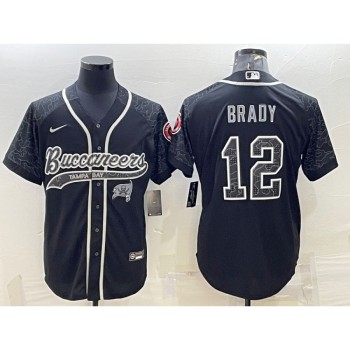 Men's Tampa Bay Buccaneers #12 Tom Brady Black Reflective With Patch Cool Base Stitched Baseball Jersey Men's Tampa Bay Buccaneers #12 Tom Brady Black Reflective With Patch Cool Base Stitched Baseball Jersey