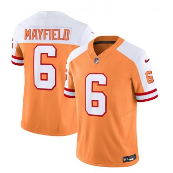 Men's Tampa Bay Buccaneers #6 Baker Mayfield 2023 F.U.S.E. White/Orange Throwback Limited Stitched Jersey Men's Tampa Bay Buccaneers #6 Baker Mayfield 2023 F.U.S.E. White/Orange Throwback Limited Stitched Jersey