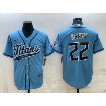 Men's Tennessee Titans #22 Derrick Henry Blue With Patch Cool Base Stitched Baseball Jersey Men's Tennessee Titans #22 Derrick Henry Blue With Patch Cool Base Stitched Baseball Jersey