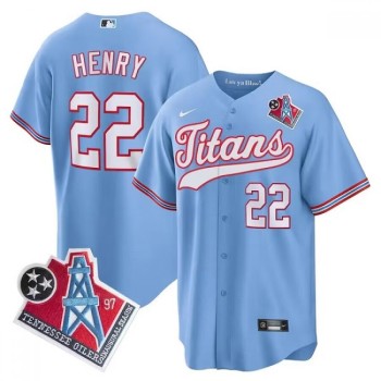Men's Tennessee Titans #22 Derrick Henry Light Blue 1997 Throwback Cool Base Stitched Baseball Jersey Men's Tennessee Titans #22 Derrick Henry Light Blue 1997 Throwback Cool Base Stitched Baseball Jersey