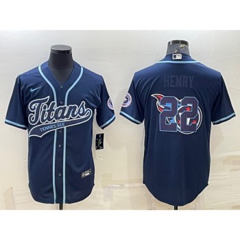 Men's Tennessee Titans #22 Derrick Henry Navy Team Big Logo With Patch Cool Base Stitched Baseball Jersey