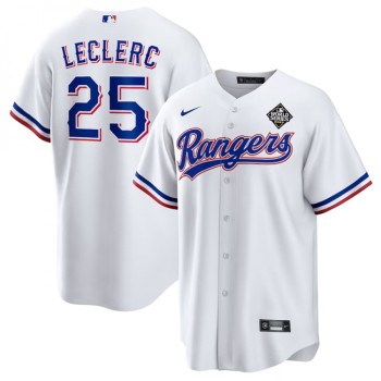 Men's Texas Rangers #25 Jose Leclerc White 2023 World Series Stitched Baseball Jersey Men's Texas Rangers #25 Jose Leclerc White 2023 World Series Stitched Baseball Jersey