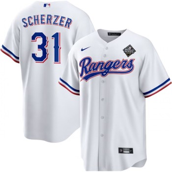 Men's Texas Rangers #31 Max Scherzer 2023 White World Series Stitched Baseball Jersey Men's Texas Rangers #31 Max Scherzer 2023 White World Series Stitched Baseball Jersey