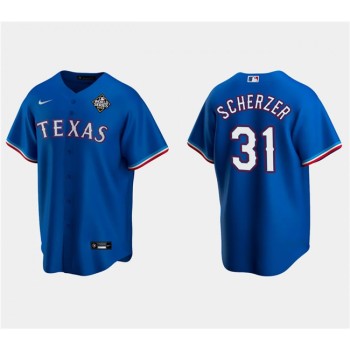 Men's Texas Rangers #31 Max Scherzer Royal 2023 World Series Stitched Baseball Jersey Men's Texas Rangers #31 Max Scherzer Royal 2023 World Series Stitched Baseball Jersey