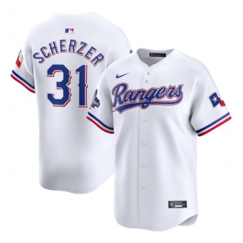 Men's Texas Rangers #31 Max Scherzer White 2023 World Series Champions Stitched Baseball Jersey Men's Texas Rangers #31 Max Scherzer White 2023 World Series Champions Stitched Baseball Jersey