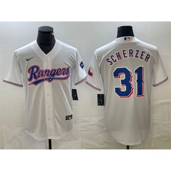 Men's Texas Rangers #31 Max Scherzer White With Patch Cool Base Stitched Baseball Jersey Men's Texas Rangers #31 Max Scherzer White With Patch Cool Base Stitched Baseball Jersey